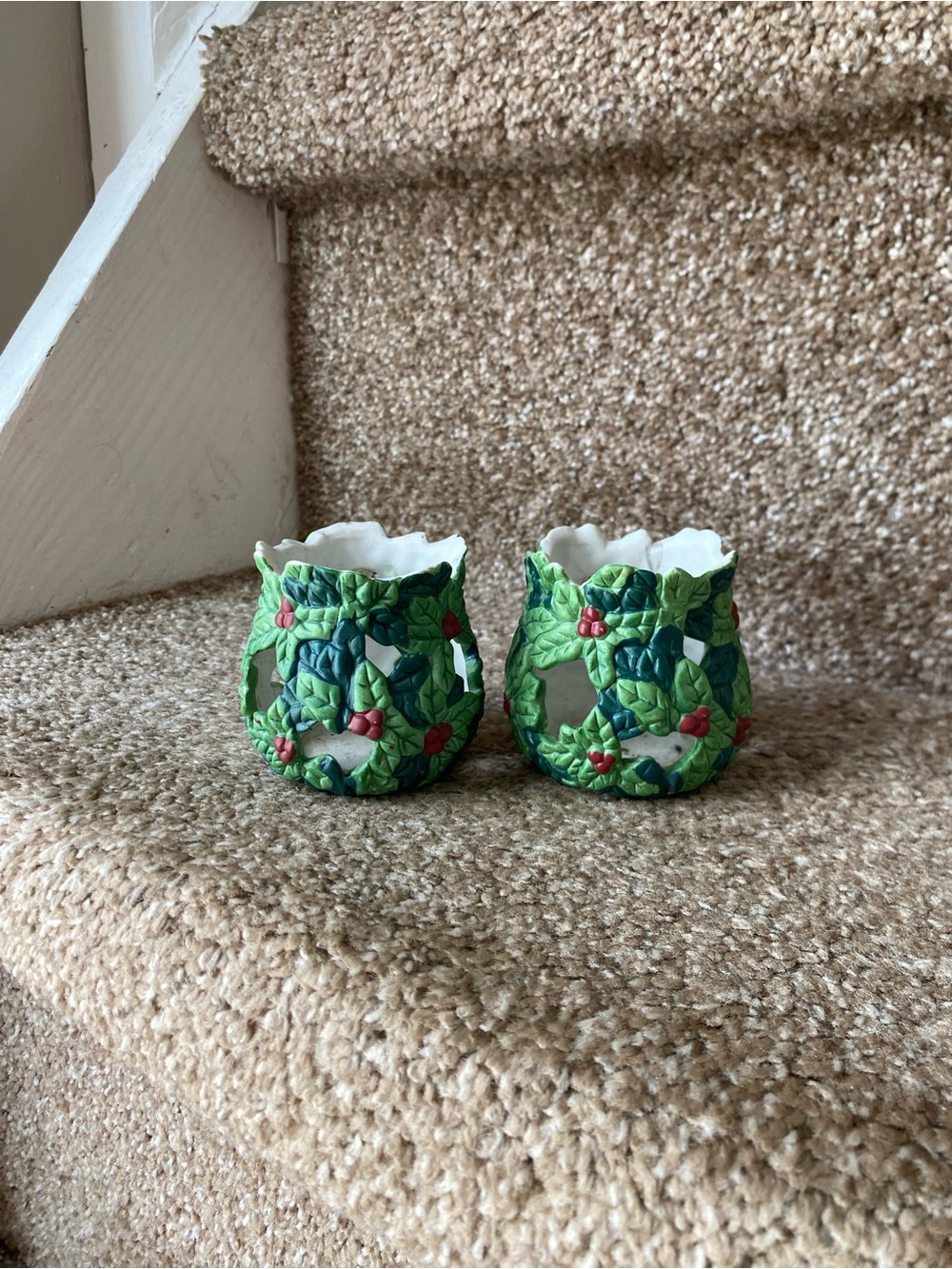 Transfar International Pair of Holly Berry Christmas Bisque Candle Holders